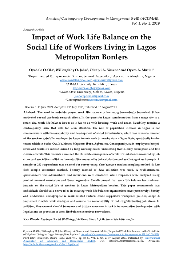 (PDF) Impact of Work Life Balance on the Social Life of Workers Living ...
