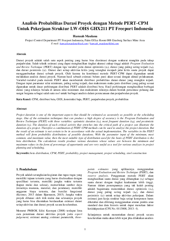 (PDF) Analisis Probabilitas Durasi Proyek dengan Metode PERT-CPM Untuk ...