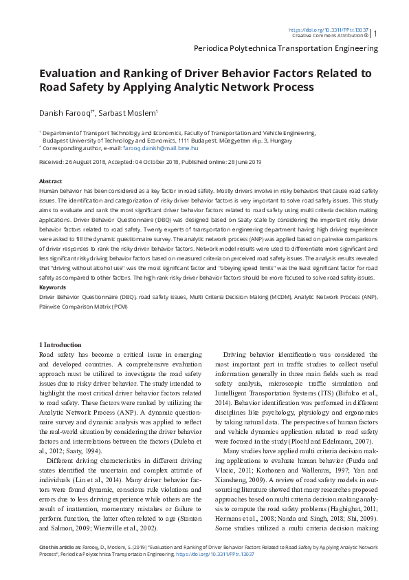 (PDF) Evaluation and Ranking of Driver Behavior Factors Related to Road ...