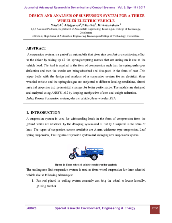 (PDF) DESIGN AND ANALYSIS OF SUSPENSION SYSTEM FOR A THREE WHEELER