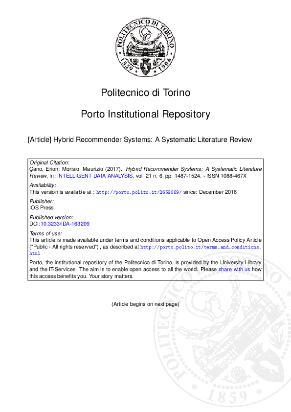 (PDF) Hybrid Recommender Systems: A Systematic Literature Review