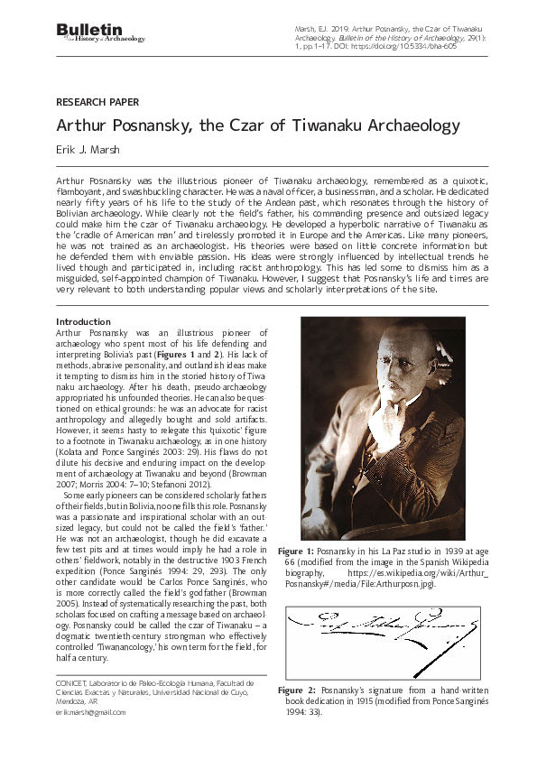 (PDF) Arthur Posnansky: the Czar of Tiwanaku Archaeology