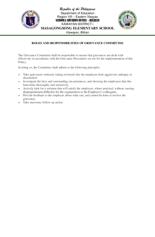 (DOC) ROLES AND RESPONSIBILITIES OF GRIEVANCE COMMITTEE Bahalag Pobre
