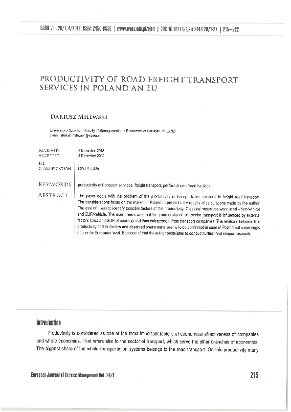 (PDF) Productivity of road freight transport services in Poland an EU