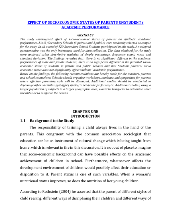 (PDF) effect of socio economic status of parents on students academic ...