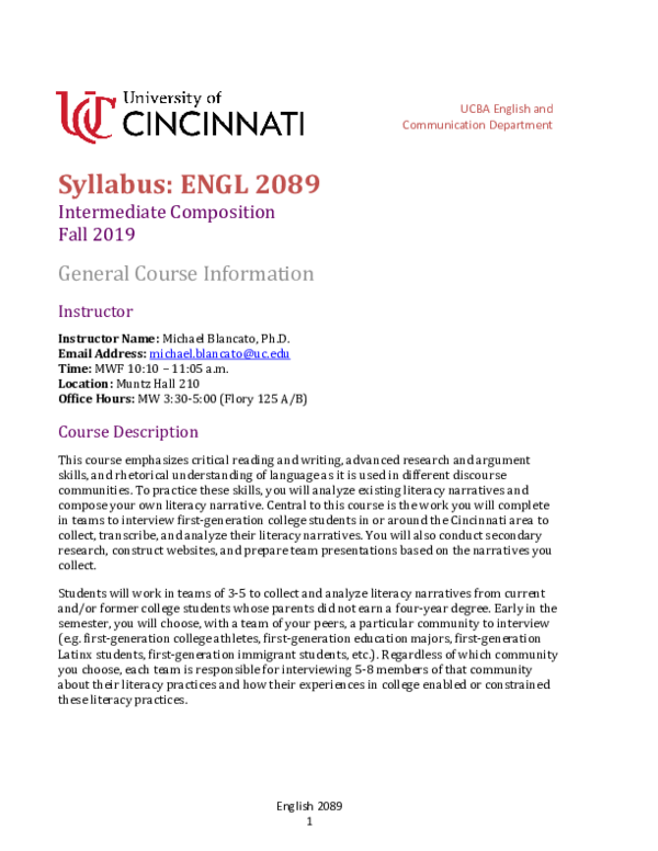 (PDF) Syllabus: Literacy Narratives of First Generation College Students