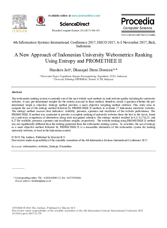 (PDF) ScienceDirect ScienceDirect A New Approach of Indonesian University ometrics Ranking