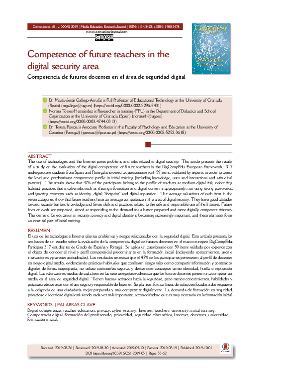 (PDF) Competence of future teachers in the digital security area