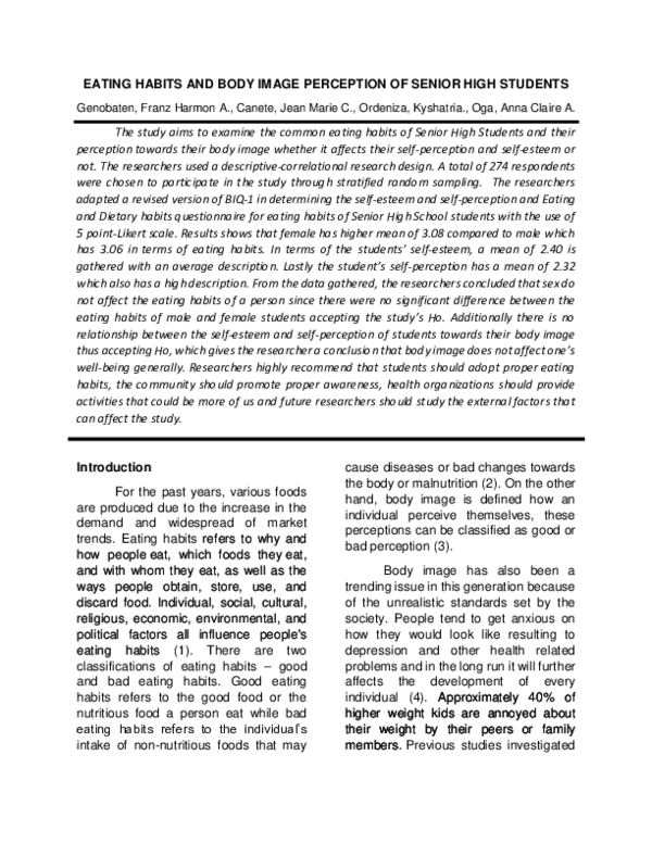 (DOC) Eating Habits and Body Image Perceptions of Senior High School ...