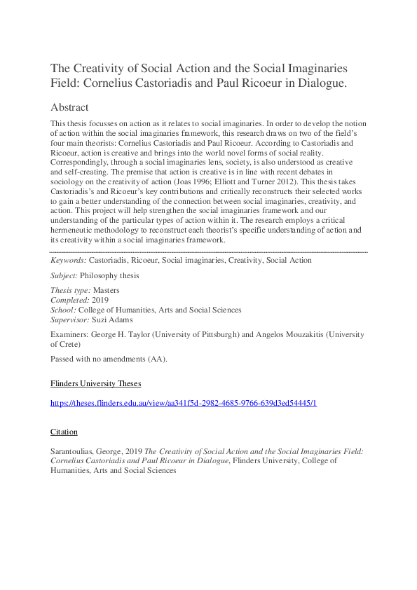Doc The Creativity Of Social Action And The Social Imaginaries Field Cornelius Castoriadis And Paul Ricoeur In Dialogue George Sarantoulias Academia Edu