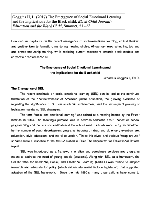(PDF) The Emergence of Social Emotional Learning and the Implications ...