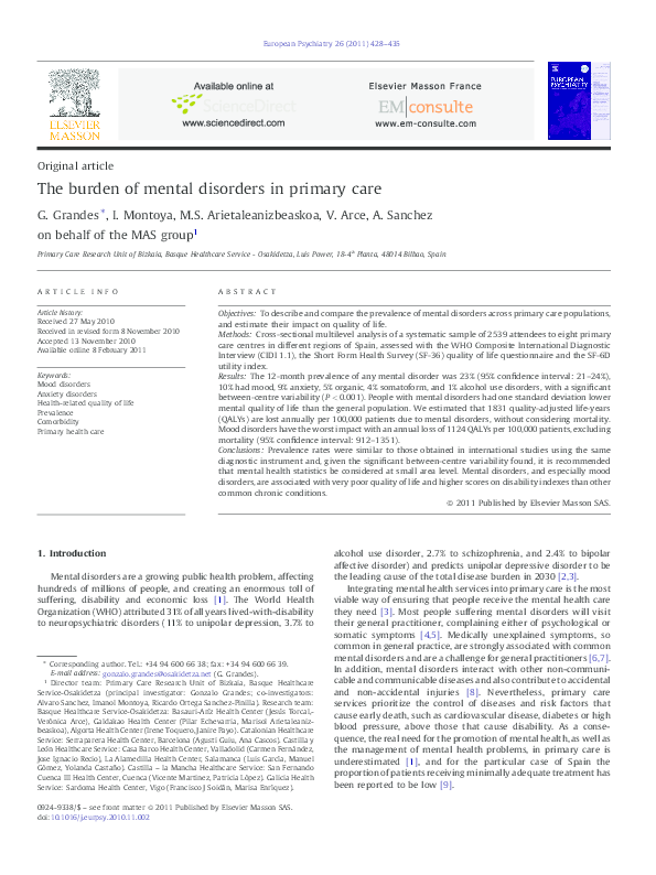 (PDF) The burden of mental disorders in primary care