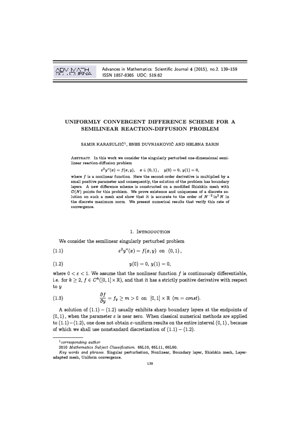 (PDF) UNIFORMLY CONVERGENT DIFFERENCE SCHEME FOR A SEMILINEAR REACTION ...
