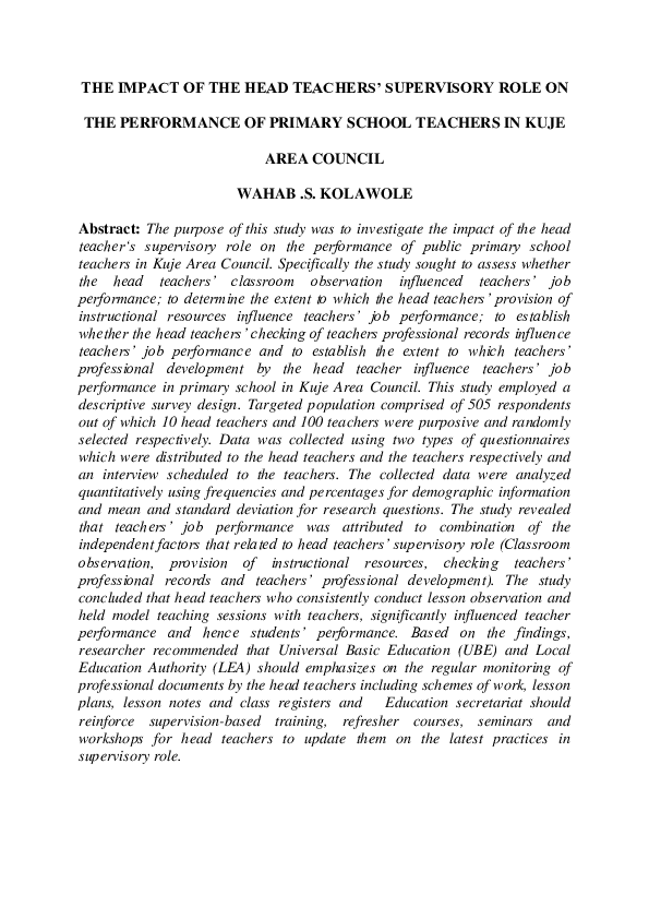 (DOC) THE IMPACT OF THE HEAD TEACHER'S SUPERVISORY ROLE ON THE ...