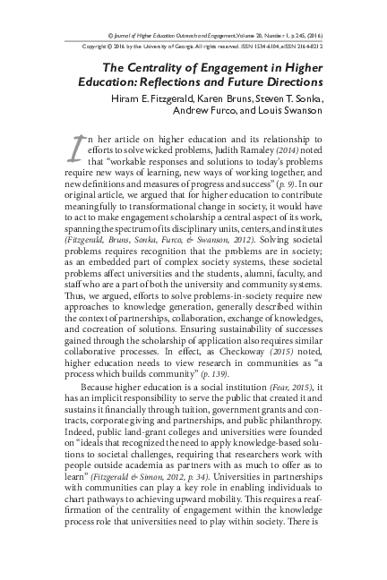 (PDF) The Centrality of Engagement in Higher Education: Reflections and ...