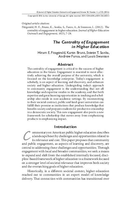 (PDF) The centrality of engagement in higher education