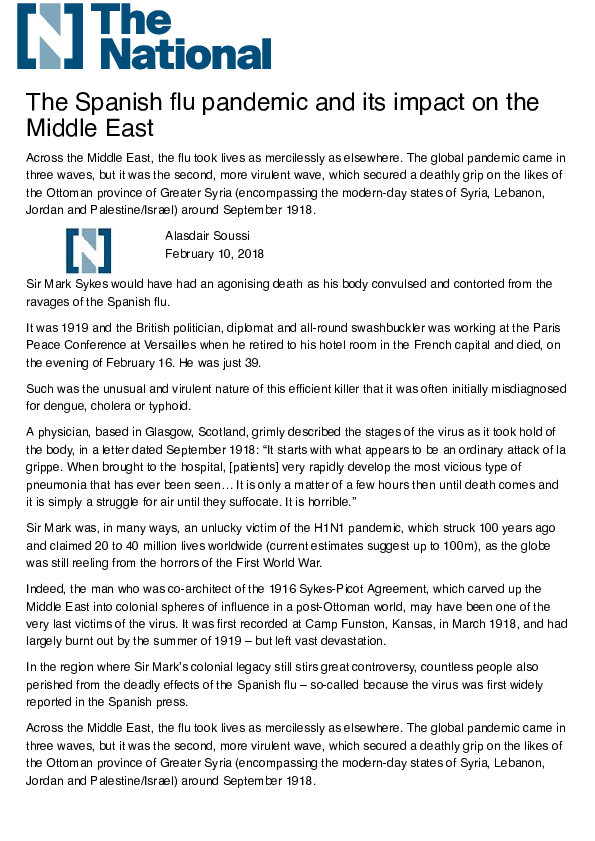 (PDF) The Spanish flu pandemic and its impact on the Middle East