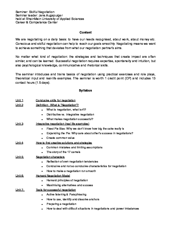 (PDF) Seminar: Skilful Negotiation Seminar leader | Jens Augspurger ...