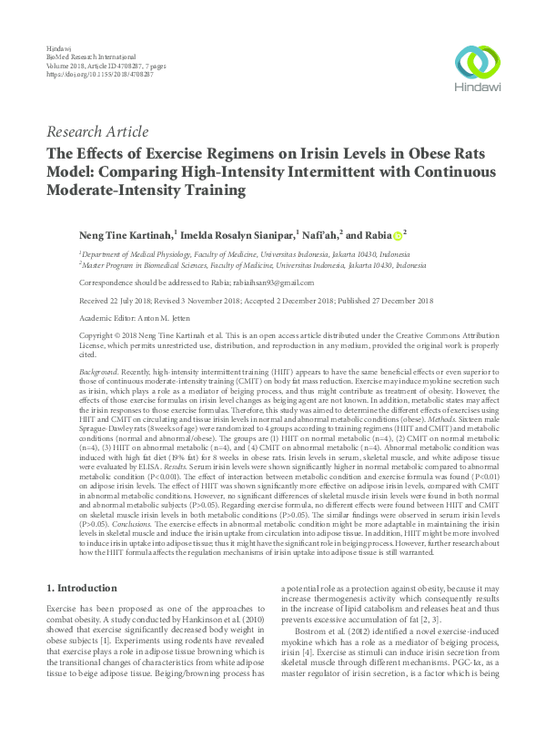(PDF) The Effects of Exercise Regimens on Irisin Levels in Obese Rats ...