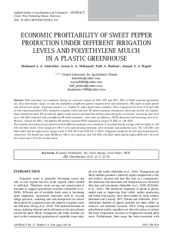 (PDF) ECONOMIC PROFITABILITY OF SWEET PEPPER PRODUCTION UNDER DIFFERENT