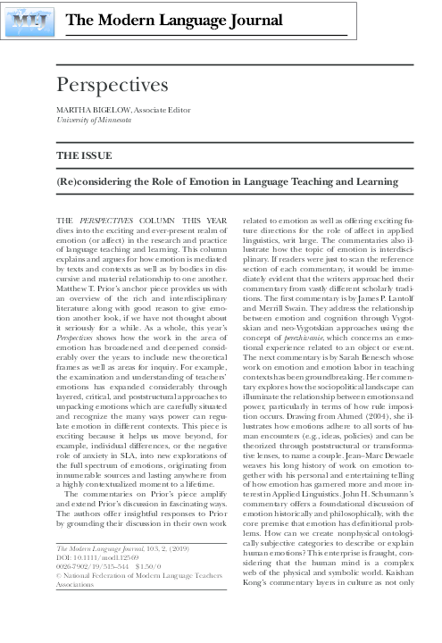 (PDF) (Re)considering the Role of Emotion in Language Teaching and Learning