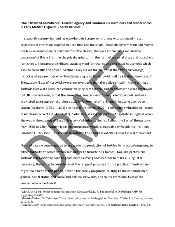 ‘The Pattern of All Patience’: Gender, Agency and Emotions in Embroidery and Pattern Books in Early Modern England