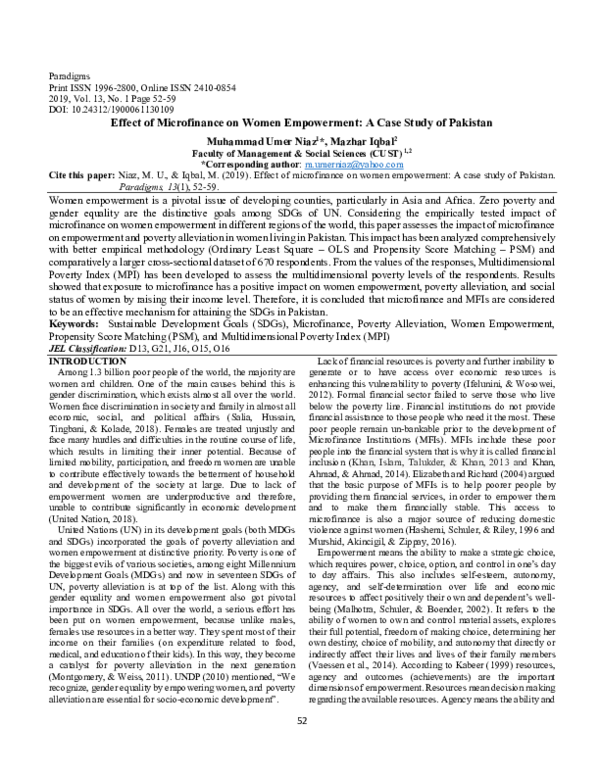 (PDF) Effect of Microfinance on Women Empowerment: A Case Study of Pakistan