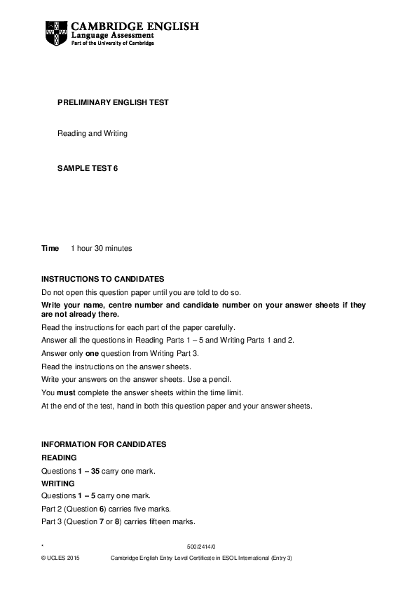 (PDF) Cambridge english preliminary sample paper 6 read&write v