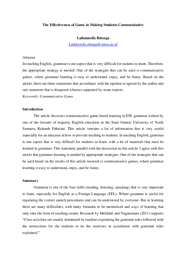 Pdf The Effectiveness Of Game In Making Students Communicative Pdf The Effectiveness Of Game In Making Students Communicative