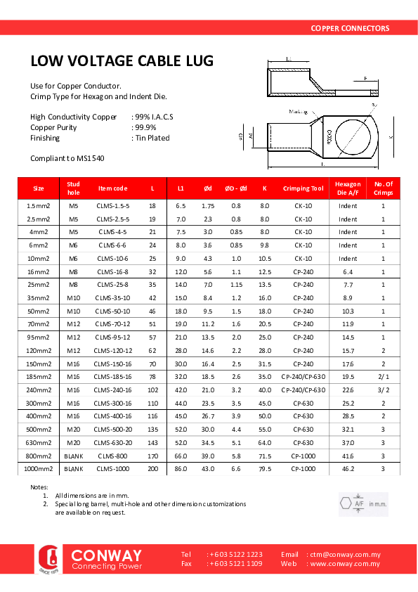 (PDF) LOW VOLTAGE CABLE LUG Use for Copper Conductor. Crimp Type for ...
