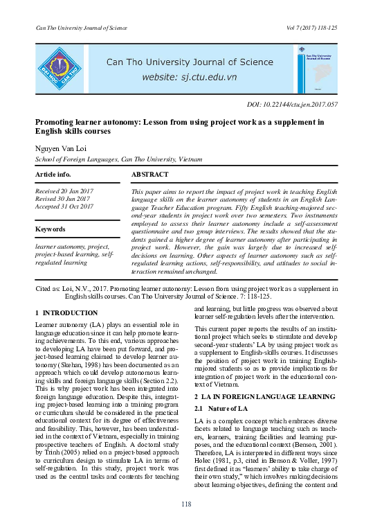 PDF) Promoting learner autonomy: Lesson from using project work as 