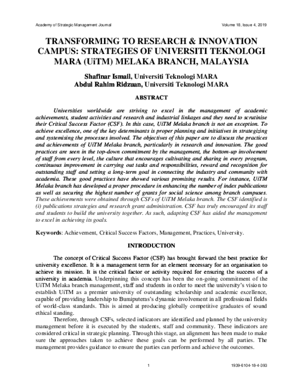 (PDF) TRANSFORMING TO RESEARCH & INNOVATION CAMPUS: STRATEGIES OF ...