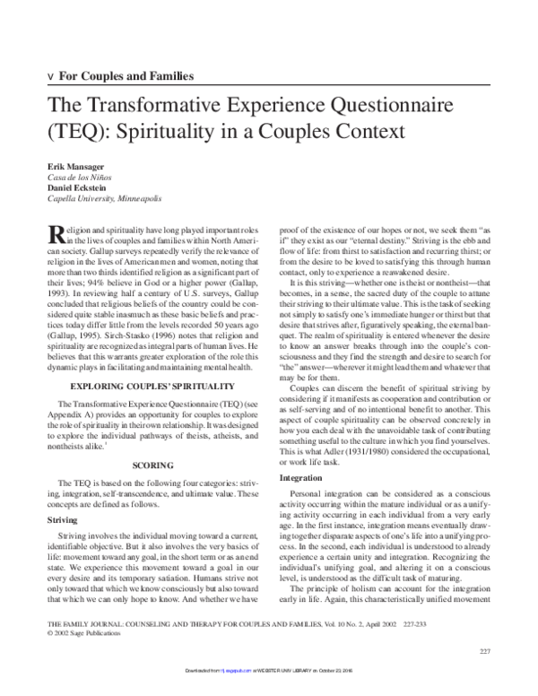 (PDF) The Transformative Experience Questionnaire (TEQ): Spirituality ...