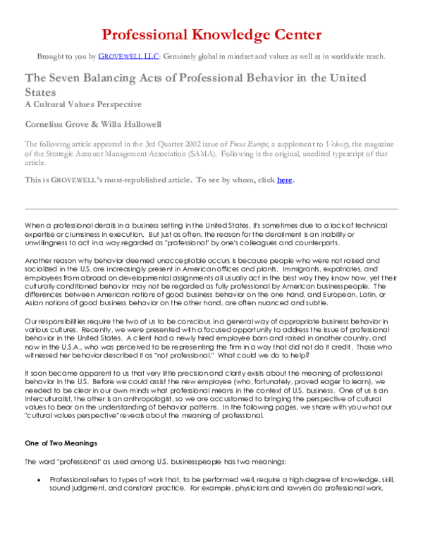(DOC) The Seven Balancing Acts of Professional Behavior in the United ...