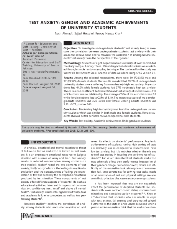 (PDF) TEST ANXIETY GENDER AND ACADEMIC ACHIEVEMENTS OF UNIVERSITY