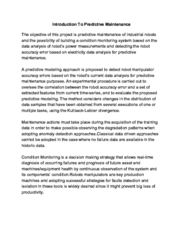 (PDF) Data analytics for predictive maintenance of industrial robots