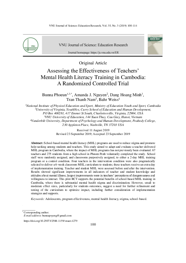 (PDF) Assessing the Effectiveness of Teachers' Mental Health Literacy ...