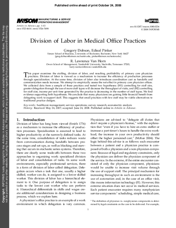 (PDF) Division of Labor in Medical Office Practices Edieal Pinker and