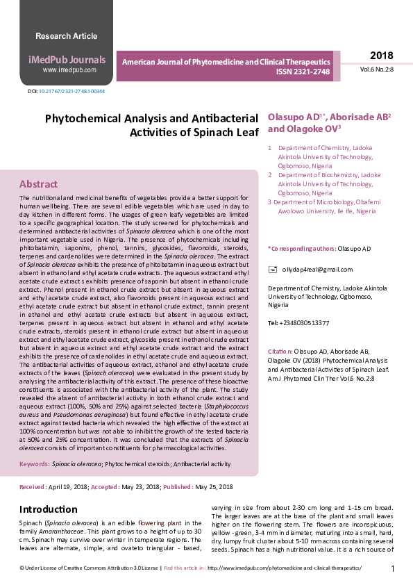 (PDF) Phytochemical Analysis and Antibacterial Activities of Spinach Leaf