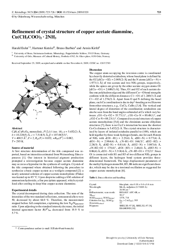 (PDF) Refinement of crystal structure of copper acetate diammine, Cu ...