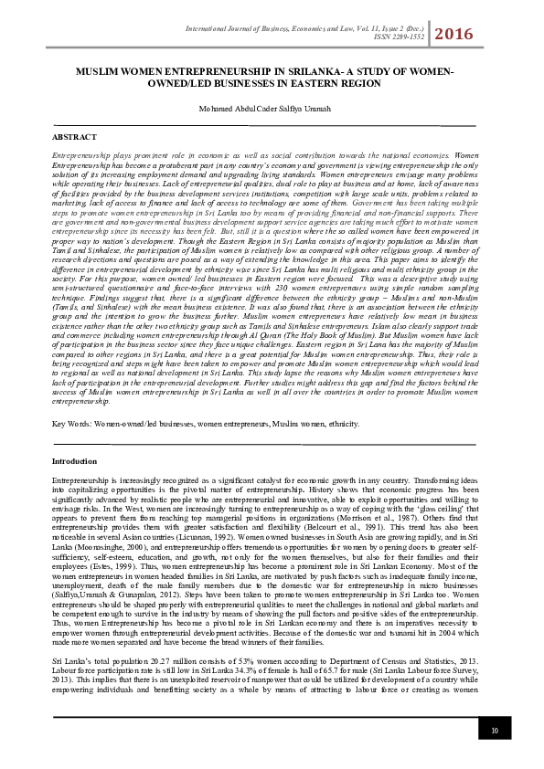 (PDF) MUSLIM WOMEN ENTREPRENEURSHIP IN SRILANKA-A STUDY OF WOMEN- OWNED ...