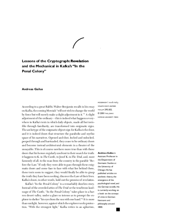 (PDF) Lessons of the Cryptograph Revelation and the Mechanical in Kafka's "In the Penal Colony