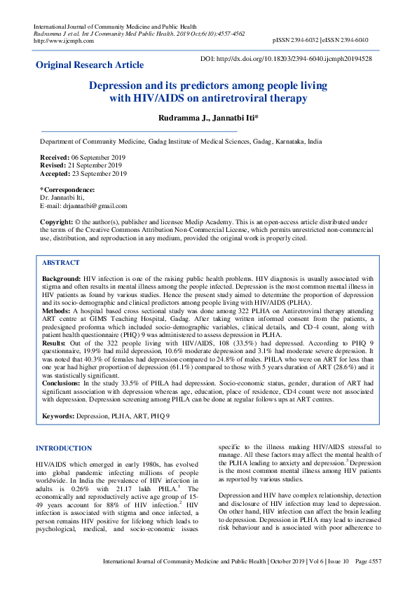 (PDF) Depression and its predictors among people living with HIV/AIDS ...
