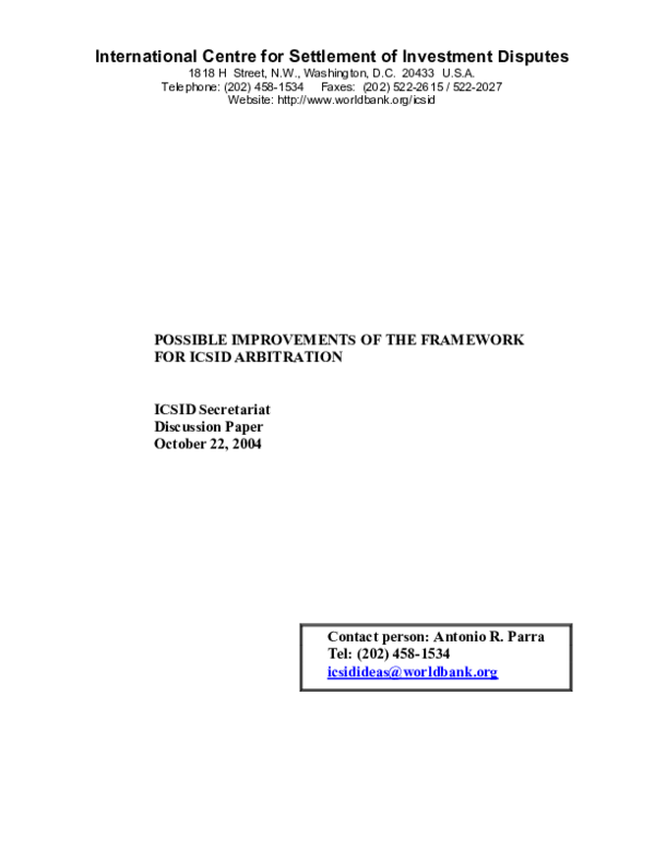 (PDF) POSSIBLE IMPROVEMENTS OF THE FRAMEWORK FOR ICSID ARBITRATION ...