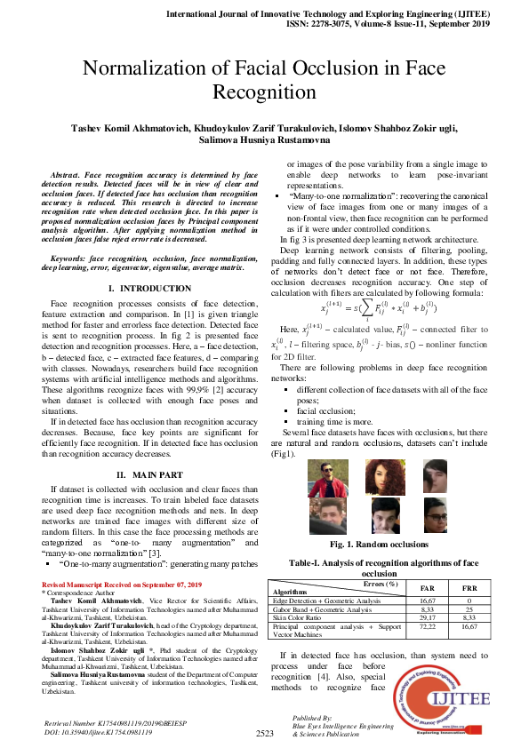 (PDF) Normalization of facial occlusion in face recognition