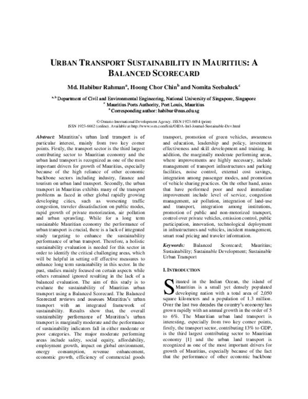 (PDF) URBAN TRANSPORT SUSTAINABILITY IN MAURITIUS: A BALANCED SCORECARD