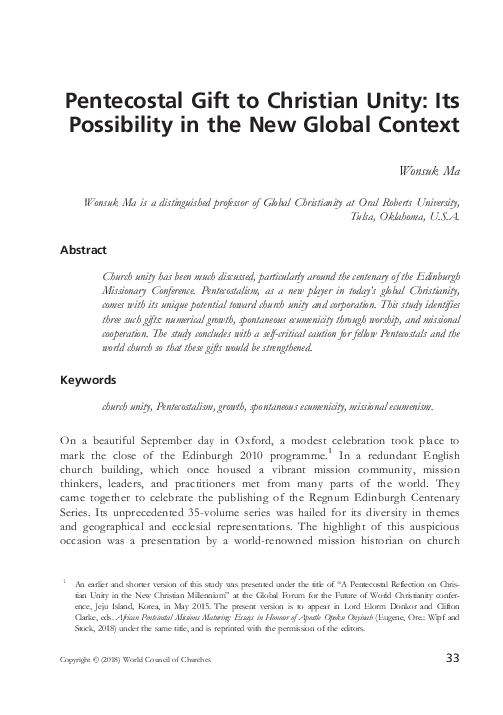 (PDF) Pentecostal Gift to Christian Unity: Its Possibility in the New ...