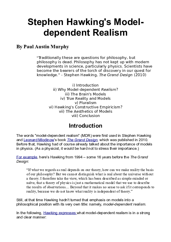 (DOC) Stephen Hawking's Modeldependent Realism Paul Austin Murphy