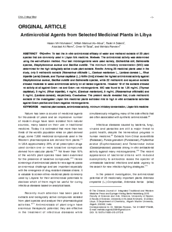 (PDF) Antimicrobial agents from selected medicinal plants in Libya