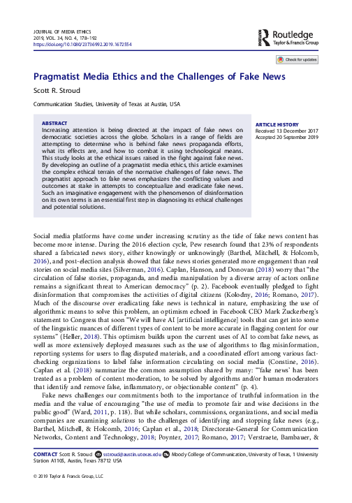 (PDF) Pragmatist Media Ethics and the Challenges of Fake News